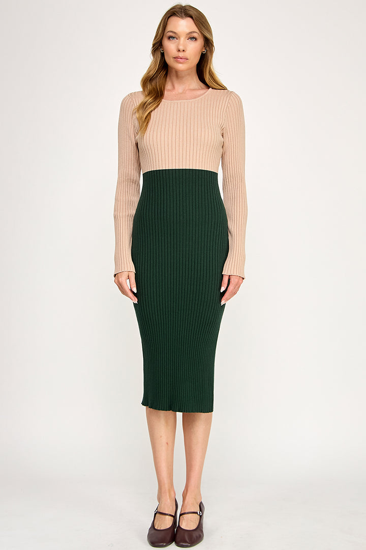 Color Block Ribbed Knit Midi Dress with Side Slit | ABES7513 | SML/222