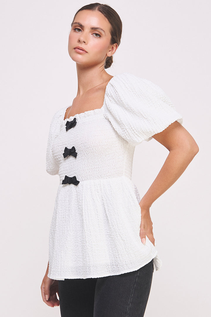 Textured Bow Detail Top in white I ABET7514 I SHIP 09/04/24