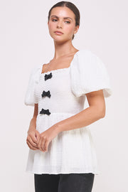 Textured Bow Detail Top in white I ABET7514 I SHIP 09/04/24