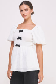 Textured Bow Detail Top in white I ABET7514 I SHIP 09/04/24