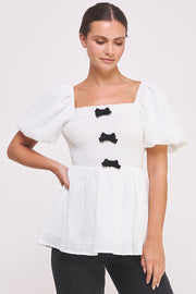 Textured Bow Detail Top in white I ABET7514 I SHIP 09/04/24