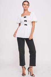 Textured Bow Detail Top in white I ABET7514 I SHIP 09/04/24