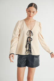 Wholesale women's fashion | Front Tie Long Sleeve beige color Top 