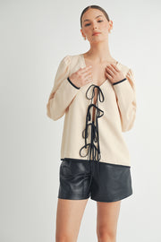 Wholesale women's fashion | Front Tie Long Sleeve beige color Top 