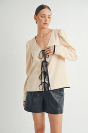 Wholesale women's fashion | Front Tie Long Sleeve beige color Top 