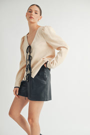 Wholesale women's fashion | Front Tie Long Sleeve beige color Top 