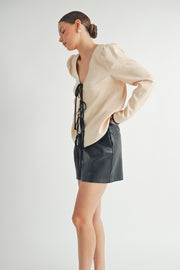 Wholesale women's fashion | Front Tie Long Sleeve beige color Top 