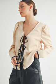 Wholesale women's fashion | Front Tie Long Sleeve beige color Top 