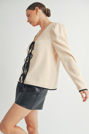 Wholesale women's fashion | Front Tie Long Sleeve beige color Top 