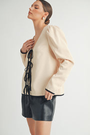 Wholesale women's fashion | Front Tie Long Sleeve beige color Top 