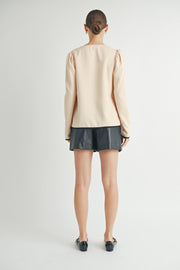 Wholesale women's fashion | Front Tie Long Sleeve beige color Top 