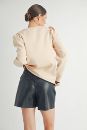 Wholesale women's fashion | Front Tie Long Sleeve beige color Top 