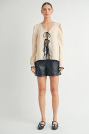 Front Tie Long Sleeve beige color Top 