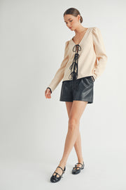 Wholesale women's fashion | Front Tie Long Sleeve beige color Top 