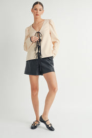 Wholesale women's fashion | Front Tie Long Sleeve beige color Top 