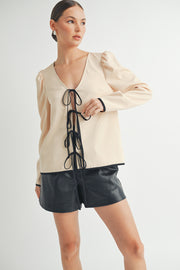 Wholesale women's fashion | Front Tie Long Sleeve beige color Top 