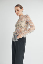 RUCHED PRINTED TULLE TOP I ABET7531