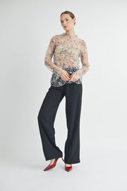 RUCHED PRINTED TULLE TOP I ABET7531