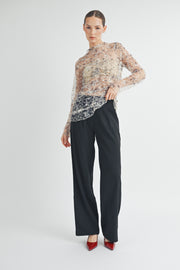 RUCHED PRINTED TULLE TOP I ABET7531