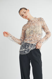 RUCHED PRINTED TULLE TOP I ABET7531