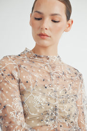 RUCHED PRINTED TULLE TOP I ABET7531