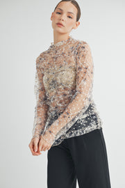 RUCHED PRINTED TULLE TOP I ABET7531