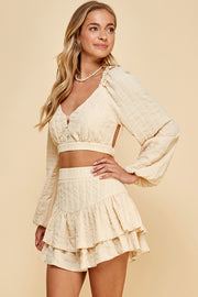 Textured Woven Ruffle Mini Skirt&Open Back Top / S#ABHT0117ABHB0124