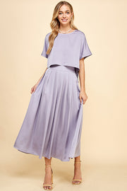 Satin Pleated Midi Skirt & Top SET / S#ABHT0120ABHB0126