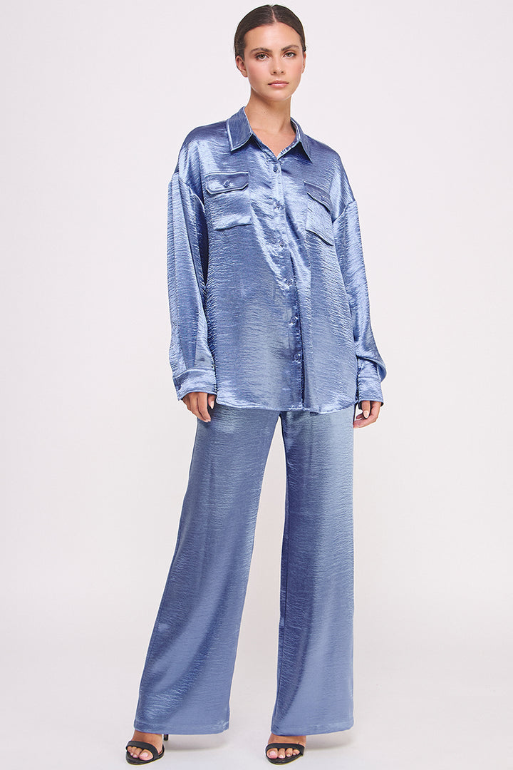 Women's wholesale Drawstring elasticized waistband Metallic Flared Pants