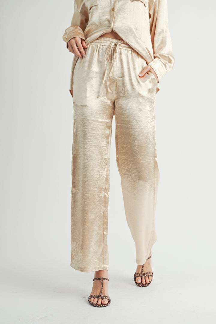 Metallic Pants The elastic waist ensures a customizable and flattering fit, while the wide-leg silhouette adds a touch of modern flair.