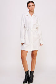 Shirt Mini Dress With Waist Buckle in White I ABJD7566 I SHIP 09/04/24