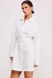 Shirt Mini Dress With Waist Buckle in White I ABJD7566 I SHIP 09/04/24