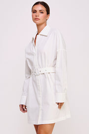 Shirt Mini Dress With Waist Buckle in White I ABJD7566 I SHIP 09/04/24
