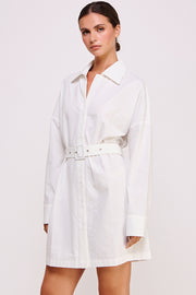 Shirt Mini Dress With Waist Buckle in White I ABJD7566 I SHIP 09/04/24