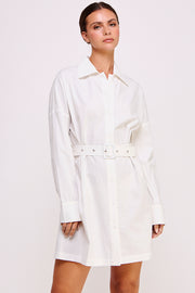 Shirt Mini Dress With Waist Buckle in White I ABJD7566 I SHIP 09/04/24