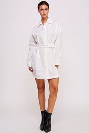 Shirt Mini Dress With Waist Buckle in White I ABJD7566 I SHIP 09/04/24