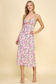 Floral Print Cutout Midi Dress / S#ABND0637-1