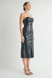 Women's wholesale clothing brand | Strapless Faux Leather Midi Dress with Padded Cups and bra protection elastic tape on top