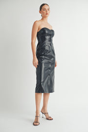 Women's wholesale clothing brand | Strapless Faux Leather Midi Dress with Padded Cups and bra protection elastic tape on top