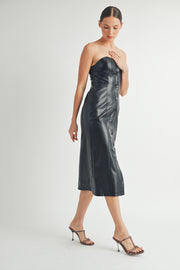 Women's wholesale clothing brand | Strapless Faux Leather Midi Dress with Padded Cups and bra protection elastic tape on top