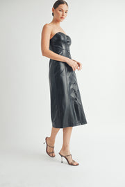Women's wholesale clothing brand | Strapless Faux Leather Midi Dress with Padded Cups and bra protection elastic tape on top