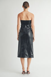 Women's wholesale clothing brand | Strapless Faux Leather Midi Dress with Padded Cups and bra protection elastic tape on top