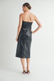 Women's wholesale clothing brand | Strapless Faux Leather Midi Dress with Padded Cups and bra protection elastic tape on top