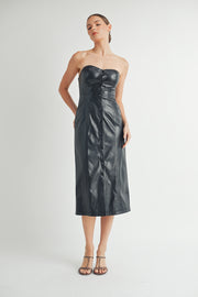 Women's wholesale clothing brand | Strapless Faux Leather Midi Dress with Padded Cups and bra protection elastic tape on top