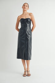 Women's wholesale clothing brand | Strapless Faux Leather Midi Dress with Padded Cups and bra protection elastic tape on top