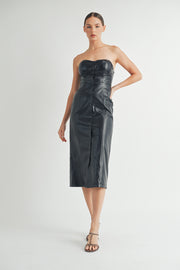 Women's wholesale clothing brand | Strapless Faux Leather Midi Dress with Padded Cups and bra protection elastic tape on top