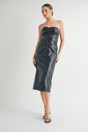 Women's wholesale clothing brand | Strapless Faux Leather Midi Dress with Padded Cups and bra protection elastic tape on top