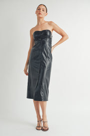 Women's wholesale clothing brand | Strapless Faux Leather Midi Dress with Padded Cups and bra protection elastic tape on top