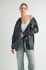 Load image into Gallery viewer, Trendy women&#39;s fashion | Faux Leather Oversize long sleeve button closure black Jacket.
