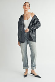 Trendy women's fashion | Faux Leather Oversize long sleeve button closure black Jacket.